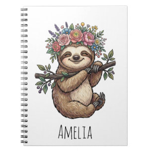 Personalized Cute Floral Sloth with Flower Crown Notebook