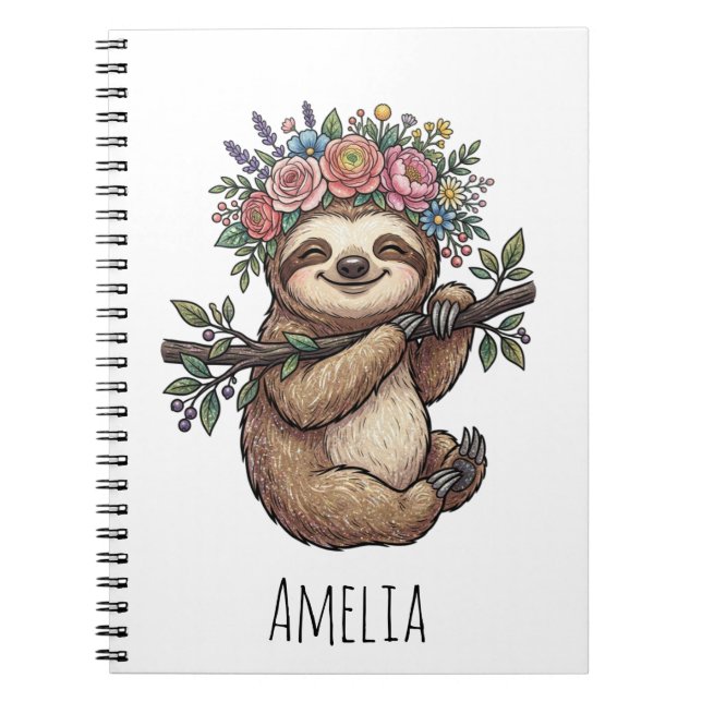 Personalized Cute Floral Sloth with Flower Crown   Notebook (Front)