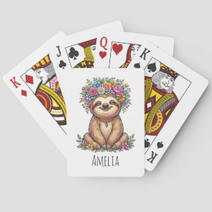 Personalized Cute Floral Sloth with Flower Crown   Poker Cards