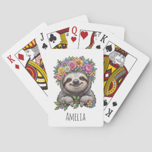 Personalized Cute Floral Sloth with Flower Crown   Poker Cards