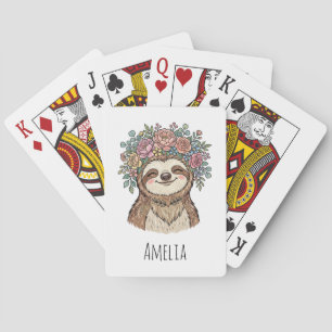 Personalized Cute Floral Sloth with Flower Crown   Poker Cards