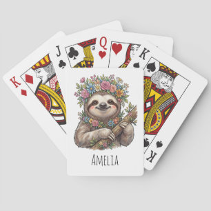 Personalized Cute Floral Sloth with Flower Crown   Poker Cards