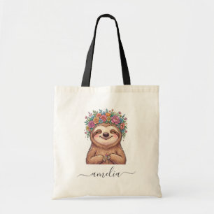 Personalized Cute Floral Sloth with Flower Crown Tote Bag