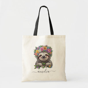 Personalized Cute Floral Sloth with Flower Crown Tote Bag