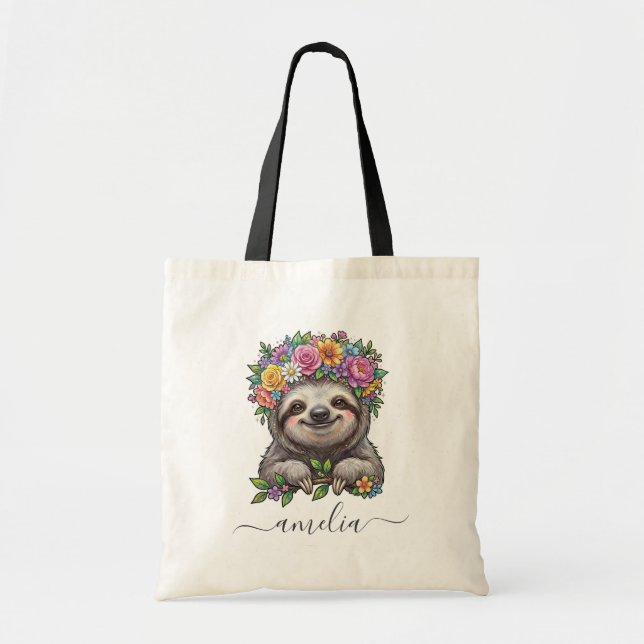 Personalized Cute Floral Sloth with Flower Crown   Tote Bag (Front)