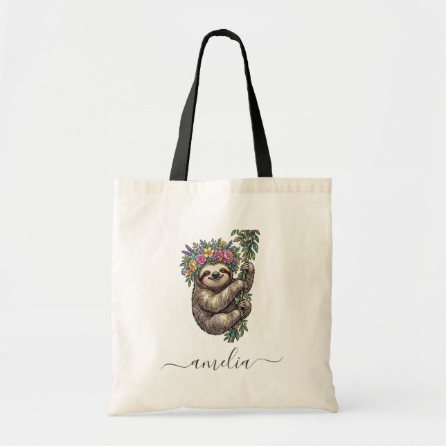 Personalized Cute Floral Sloth with Flower Crown   Tote Bag (Front)