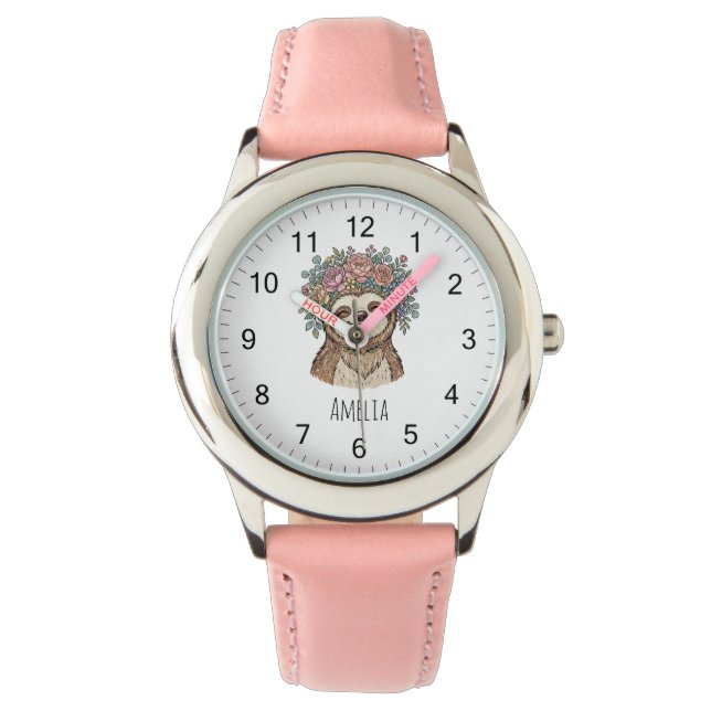 Personalized Cute Floral Sloth with Flower Crown   Watch (Front)