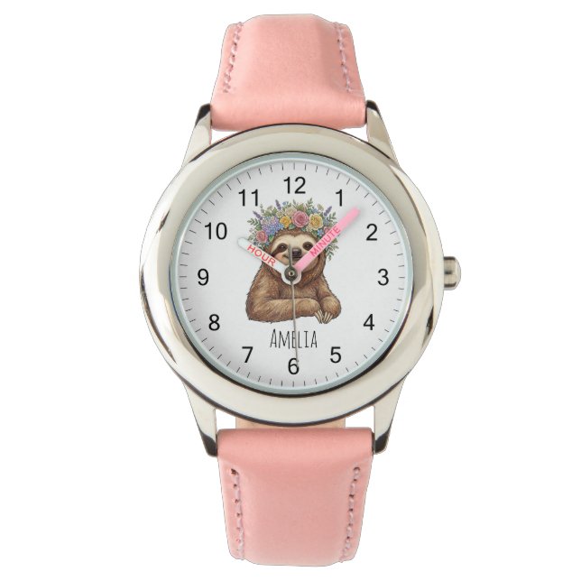 Personalized Cute Floral Sloth with Flower Crown   Watch (Front)