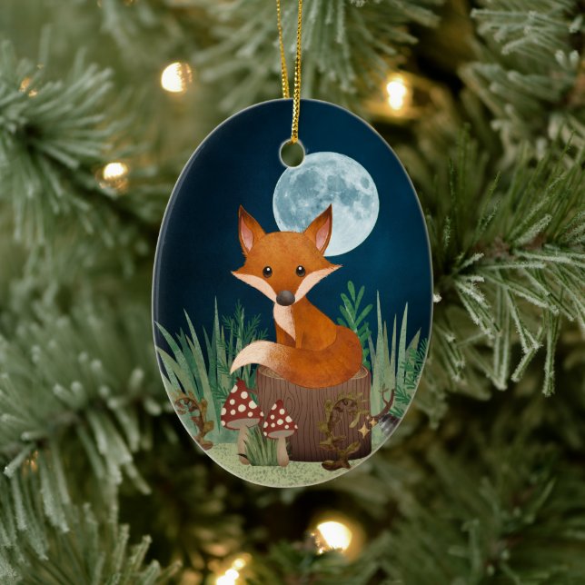 Personalized Cute Fox and Full Moon Christmas Ceramic Ornament (Tree)