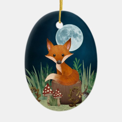 Personalized Cute Fox and Full Moon Christmas Ceramic Ornament