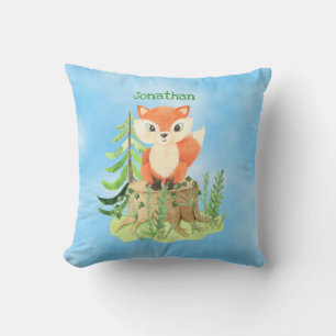 Personalized Cute Fox on a Stump Throw Pillow