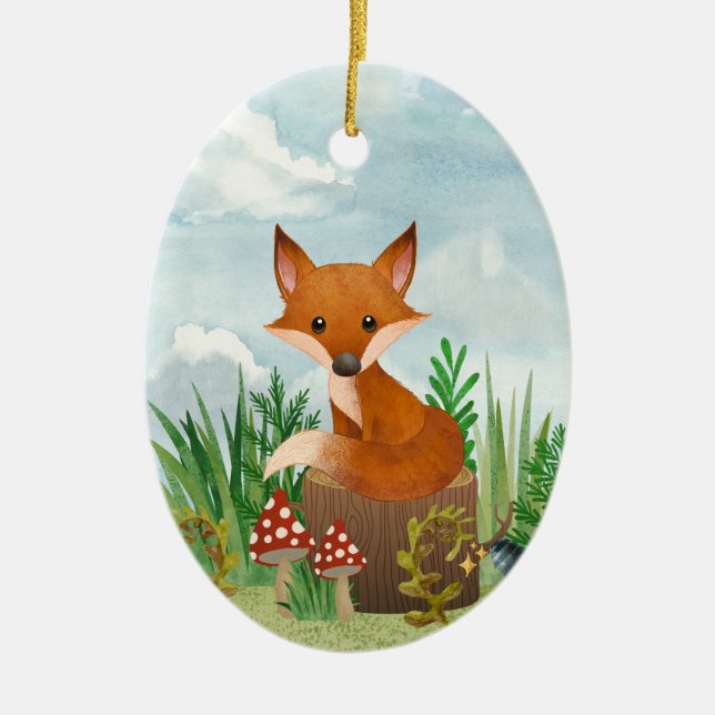 Personalized Cute Fox on Tree Stump Christmas Ceramic Ornament (Front)