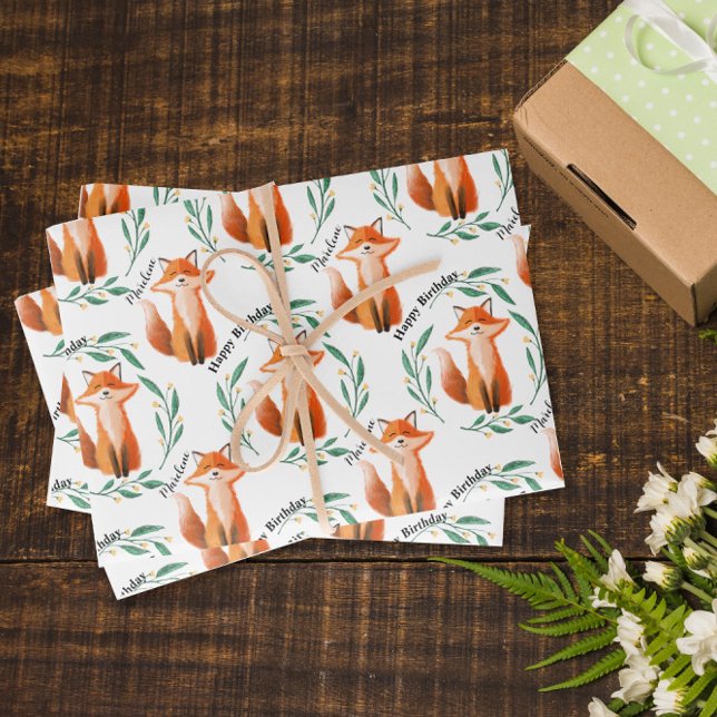 Personalized Cute Fox woodland birthday Wrapping Paper Sheets (Creator Uploaded)