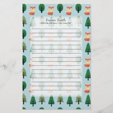 Personalized Cute Foxes and Trees on Blue Stationery