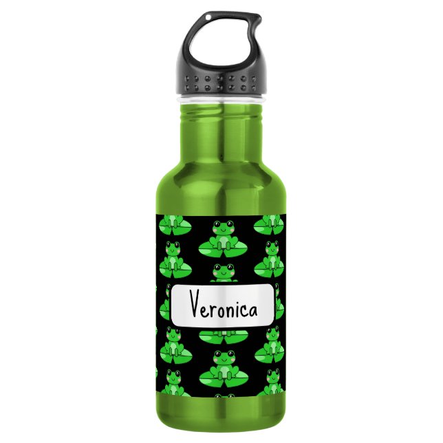 Personalized Cute Frog | Name in Heart Stainless Steel Water Bottle (Front)