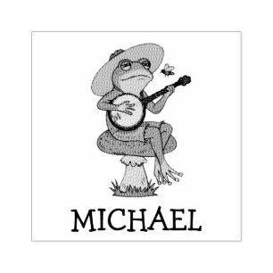 Personalized Cute Frog Playing Banjo on Mushroom Rubber Stamp