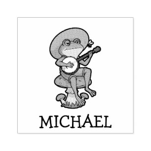 Personalized Cute Frog Playing Banjo on Mushroom Rubber Stamp