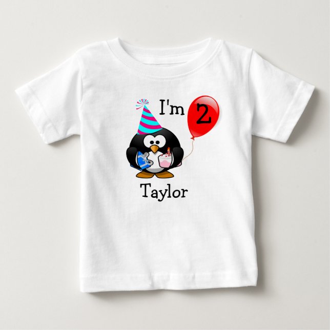 Personalized Cute Funny 2nd Birthday Party Penguin Baby T-Shirt (Front)