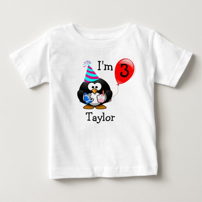 Personalized Cute Funny 3rd Birthday Party Penguin Baby T-Shirt (Front)