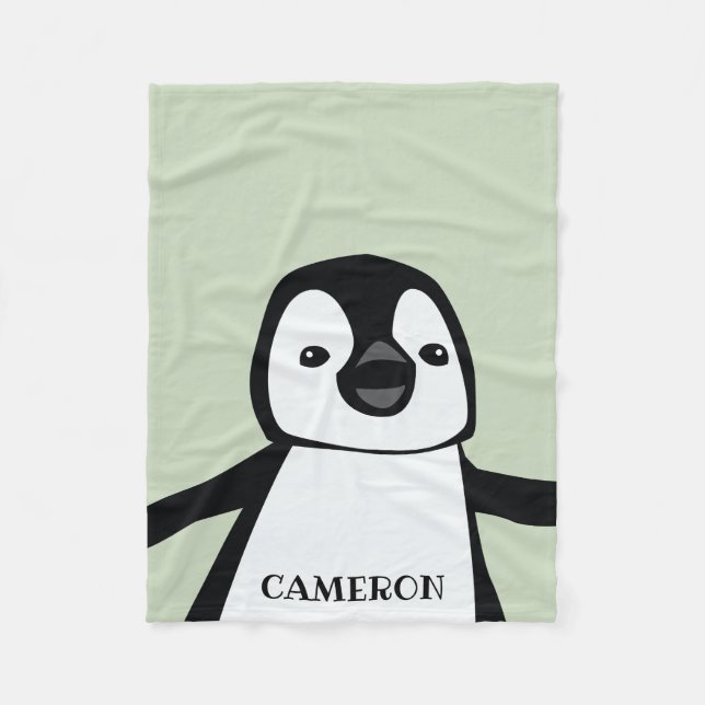 Personalized Cute Funny Penguin Baby Green Fleece Blanket (Front)
