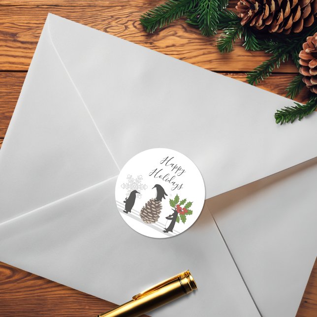 Personalized Cute Funny Penguins Christmas Classic Round Sticker (Creator Uploaded)