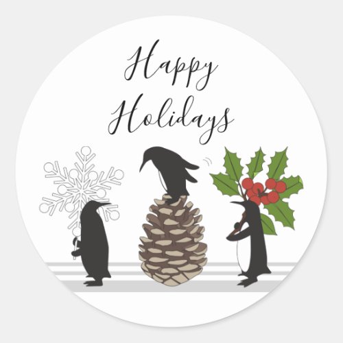 Personalized Cute Funny Penguins Christmas Holiday Classic Round Sticker