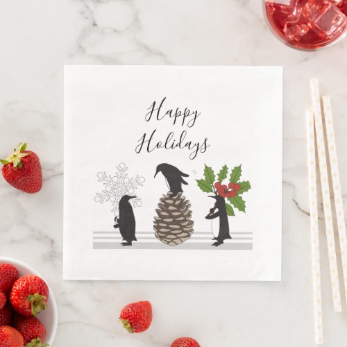 Personalized Cute Funny Penguins Christmas Holiday Paper Dinner Napkins