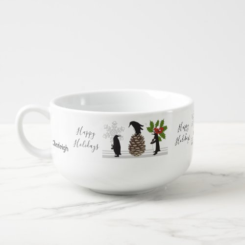 Personalized Cute Funny Penguins Christmas Holiday Soup Mug