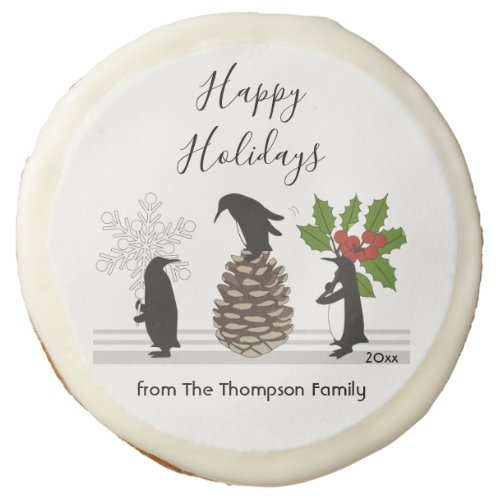 Personalized Cute Funny Penguins Christmas Holiday Sugar Cookie