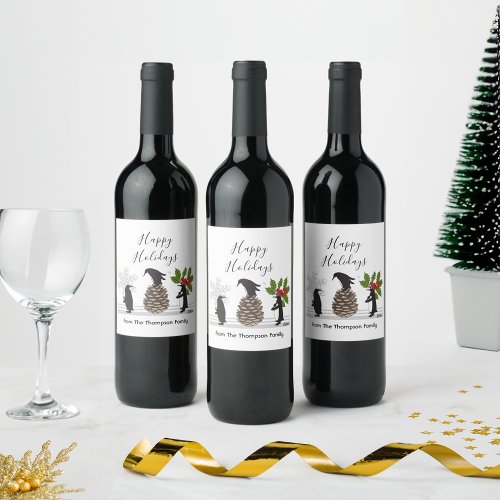 Personalized Cute Funny Penguins Christmas Holiday Wine Label