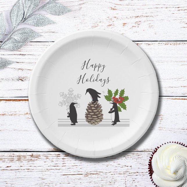 Personalized Cute Funny Penguins Christmas Paper Plates (Creator Uploaded)