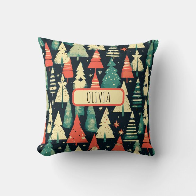 Personalized Cute Geometric Trees in Winter Throw Pillow (Front)