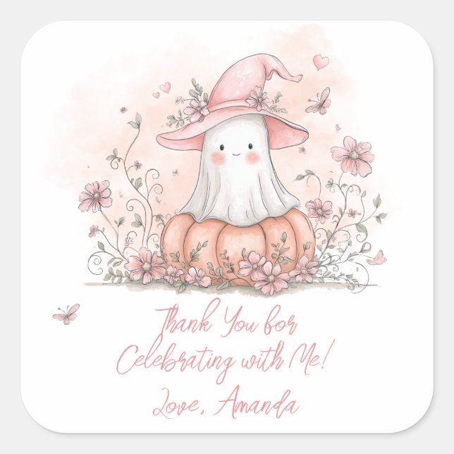 Personalized Cute Ghost Birthday Thank You Square Sticker (Front)
