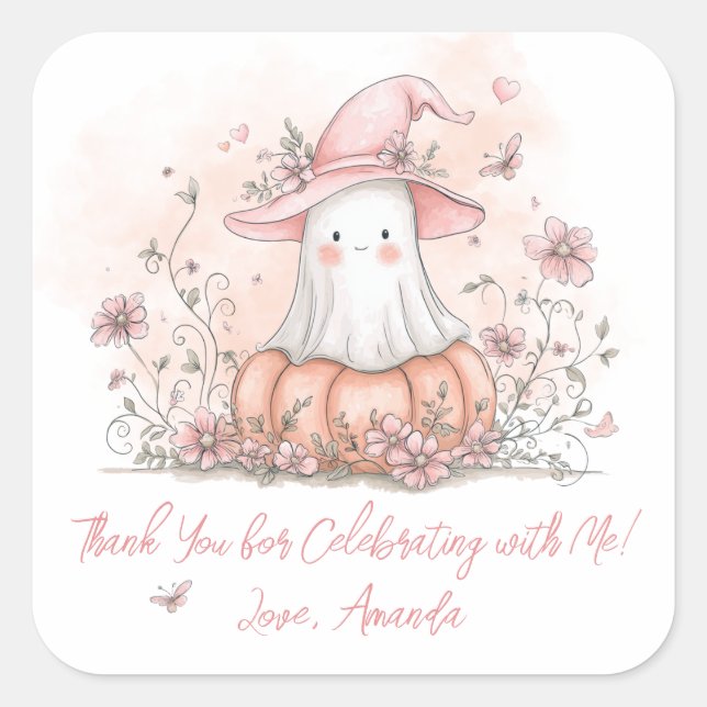 Personalized Cute Ghost Birthday Thank You Square Sticker (Front)