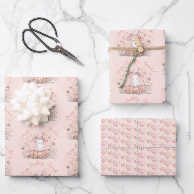 Personalized Cute Ghost Birthday Wrapping Paper Sheets (Front)