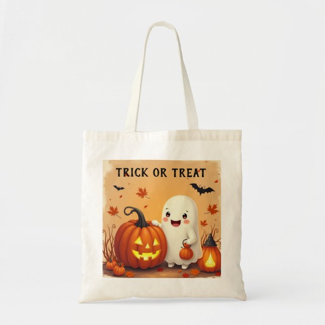 Personalized Cute Ghost & Pumpkin Halloween Tote – (Front)