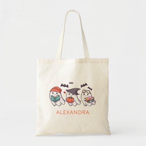 Personalized Cute Ghosts Reading Books Halloween Tote Bag