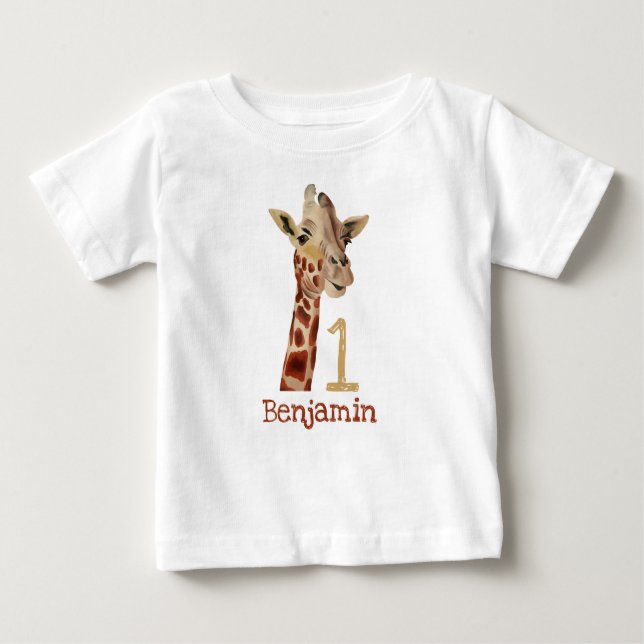 Personalized Cute Giraffe First Birthday Name Baby T-Shirt (Front)