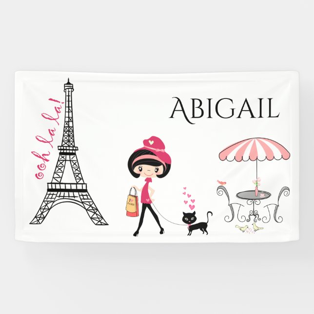 Personalized Cute Girl and Cat Eiffel Tower Paris Banner (Horizontal)
