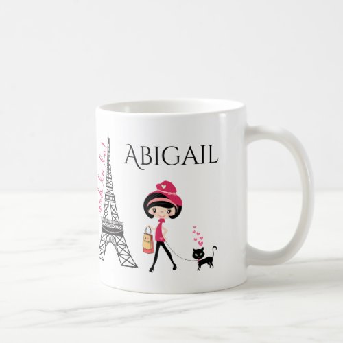 Personalized Cute Girl and Cat Eiffel Tower Paris Coffee Mug