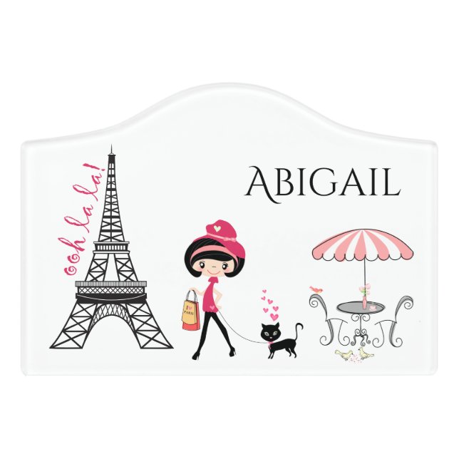Personalized Cute Girl and Cat Eiffel Tower Paris Door Sign (Small Crest Front)