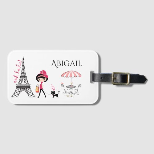 Personalized Cute Girl and Cat Eiffel Tower Paris Luggage Tag