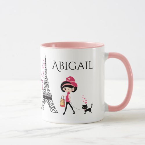 Personalized Cute Girl and Cat Eiffel Tower Paris Mug
