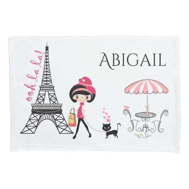 Personalized Cute Girl and Cat Eiffel Tower Paris Pillow Case (Front)