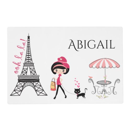 Personalized Cute Girl and Cat Eiffel Tower Paris Placemat