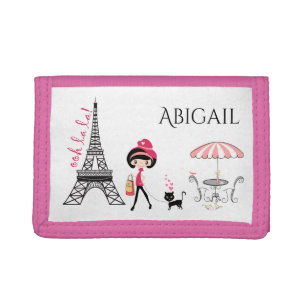 Personalized Cute Girl and Cat Eiffel Tower Paris Tri-fold Wallet