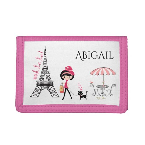 Personalized Cute Girl and Cat Eiffel Tower Paris Trifold Wallet