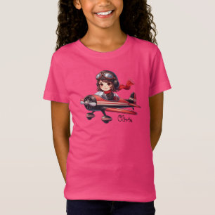 Personalized Cute Girl Flying Airplane Girly Kids T-Shirt