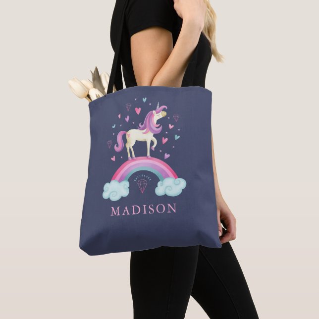 Personalized Cute Girl Rainbow Unicorn Tote Bag (Close Up)
