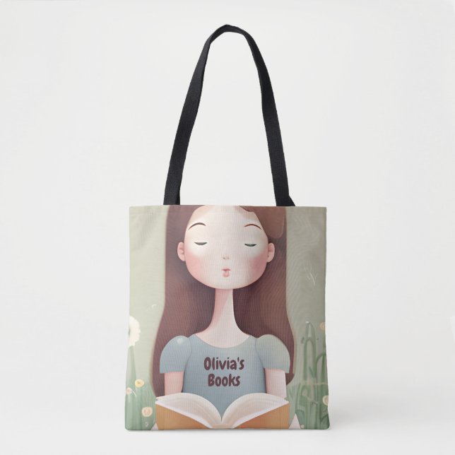 Personalized Cute Girl Reading Book Bag Tote Bag (Front)